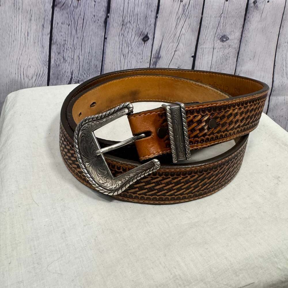 Justin Men's Bronco Basketweave Leather Belt Brown - Picture 2 of 8